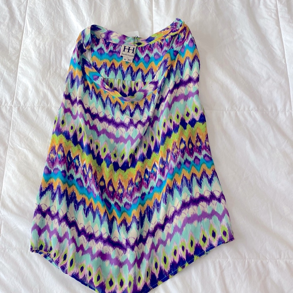 Haute Hippie Silk Scoop Cowl Neck Sleeveless Blouse Ikat Chevron Multi Color XS
